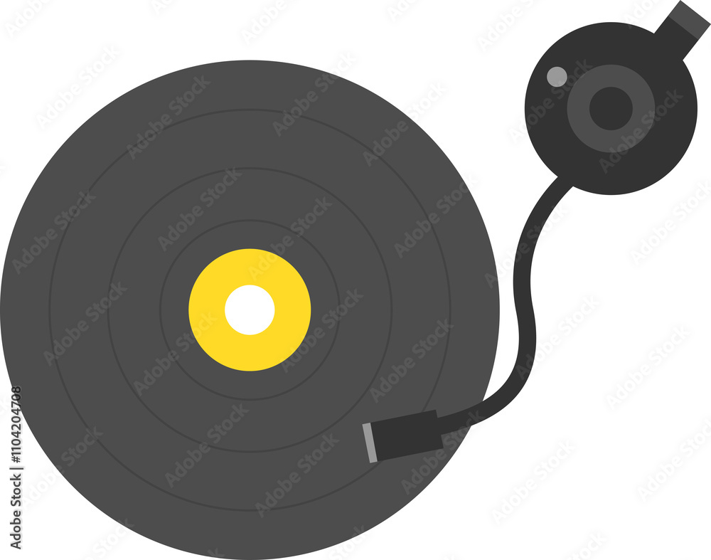 Fototapeta premium Illustration of a vinyl record on a turntable with a yellow center label and visible tonearm.