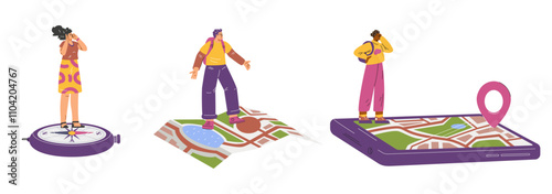 Lost traveler is looking for way home by mobile app, paper map, disoriented tourists got lost, screams vector set