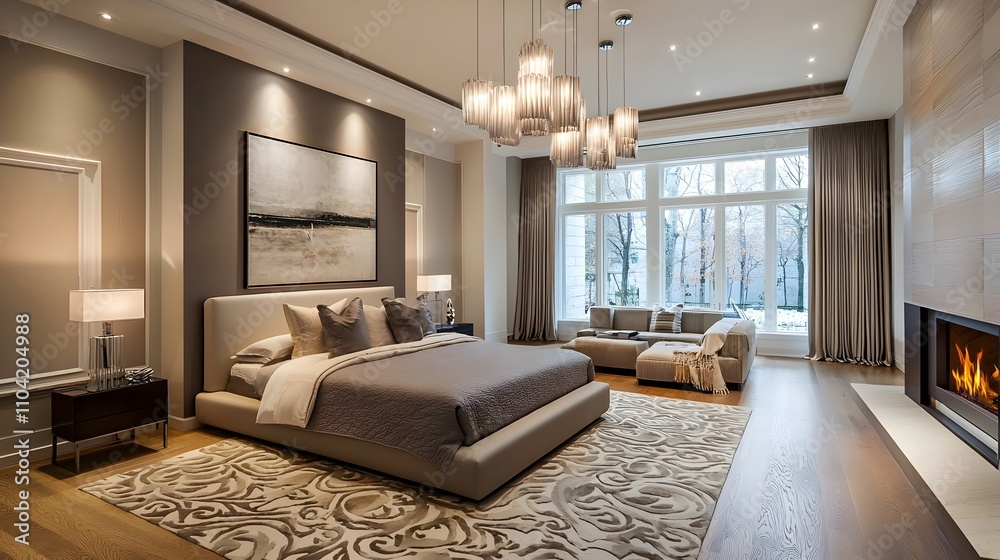 Fototapeta premium Sophisticated modern bedroom design with luxurious decor and elegant lighting