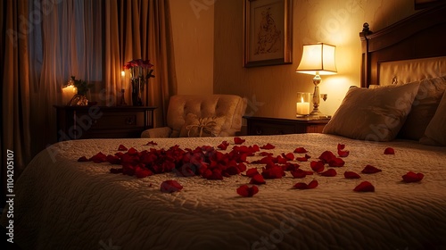 Romantic bedroom decor with rose petals and candlelit ambiance