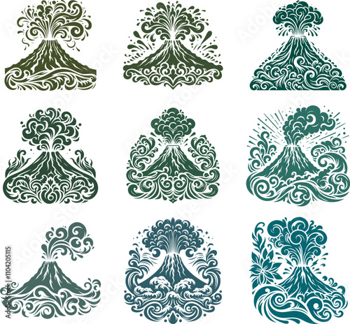 Decorative Volcanic Eruption Illustrations in Ornamental Style for Artistic and Design Use