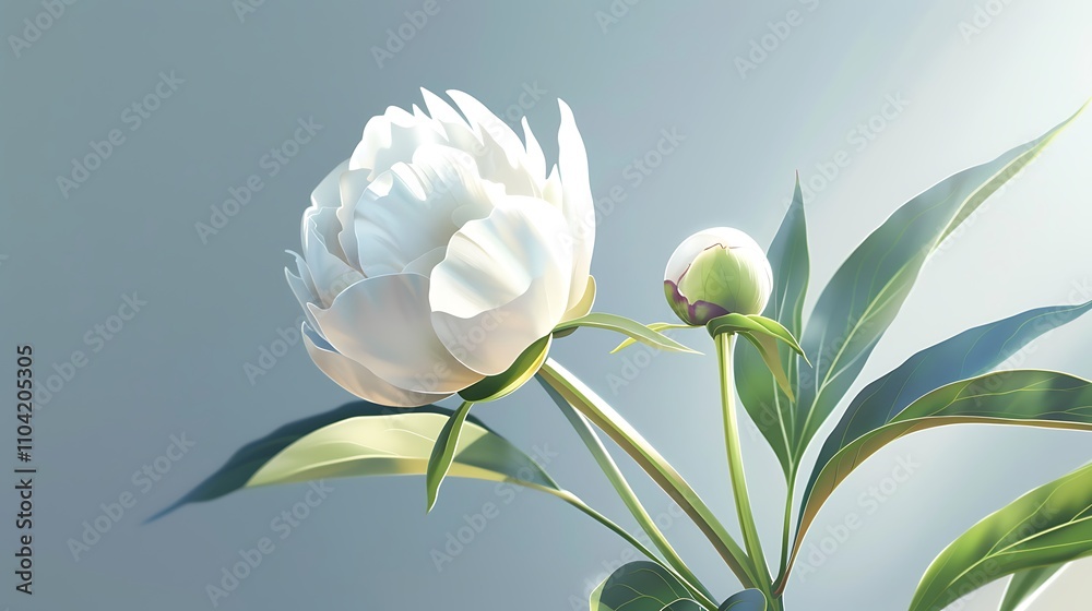 A stunning white peony, showcased in full bloom, with a smaller bud promising future beauty. A stunning white peony, showcased in full bloom, with a smaller bud promising future beauty.