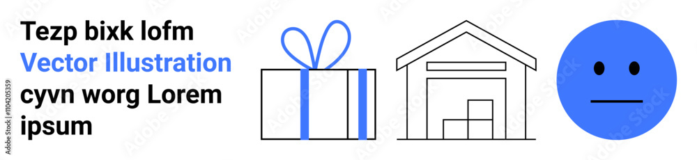 Gift box with blue ribbon, house outline, and blue neutral face icon. Ideal for holiday themes, home concepts, emoticons, design projects, packaging marketing strategies educational tools. Landing Gift box with blue ribbon, house outline, and blue neutral face icon. Ideal for holiday themes, home concepts, emoticons, design projects, packaging marketing strategies educational tools. Landing