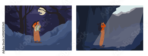 Confused man backpacker hold paper map tracking route, get lost in night forest, woman in dark cave screams vector set