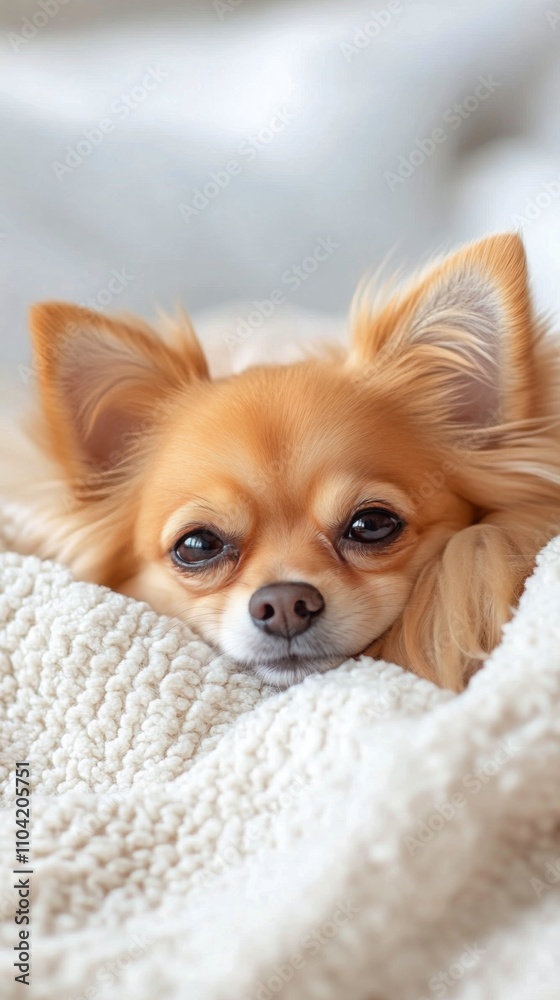 Cute sleeping chihuahua on cozy blanket surrounded by soft lights in living room Cute sleeping chihuahua on cozy blanket surrounded by soft lights in living room
