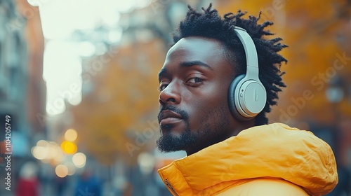 Black man in motion listen to music through headphones in an urban environment