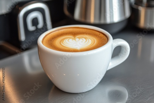 Warm cup of coffee with latte art served on a wooden table in a cozy cafe