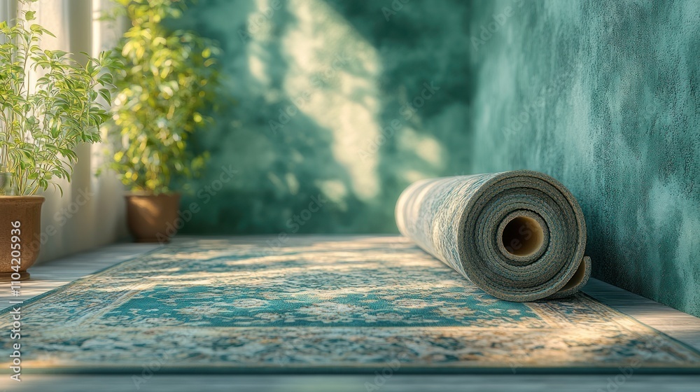 A rolled rug on a wooden floor beside a potted plant and a textured wall. A rolled rug on a wooden floor beside a potted plant and a textured wall.