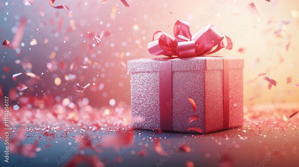 Christmas present with falling confetti Christmas present with falling confetti