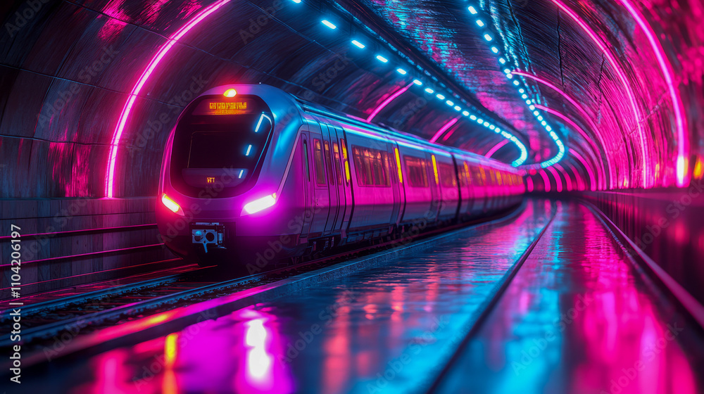 Futuristic neon train in vibrant underground tunnel Futuristic neon train in vibrant underground tunnel