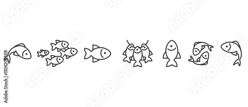 Fishes icons set. Fishing icon. Fish line icon set, Fish related icons thin vector set. Fish icon in transparent background. Editable stroke. Eps10
