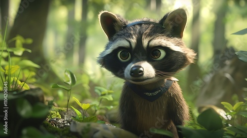 A charming little raccoon with a bandit mask in a forest setting photo