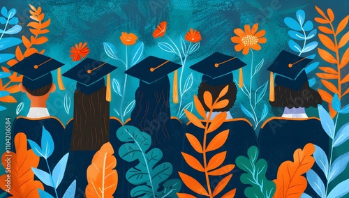 Four graduates, their caps and gowns partially hidden by vibrant teal, orange, and blue foliage, stand in a garden. A celebration of achievement and new beginnings.