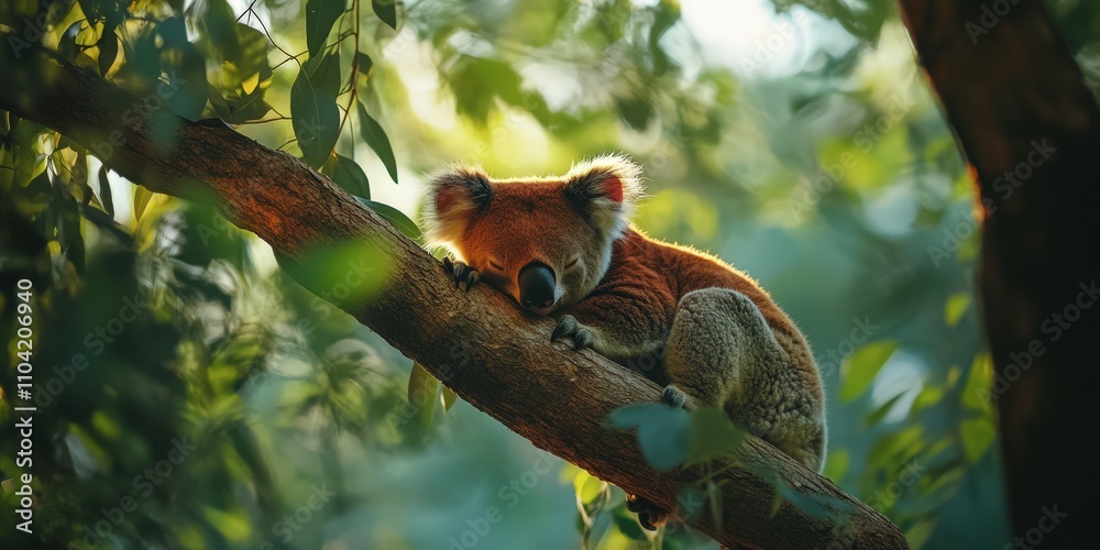 Obraz premium Sleepy Red Koala in Eucalyptus Tree