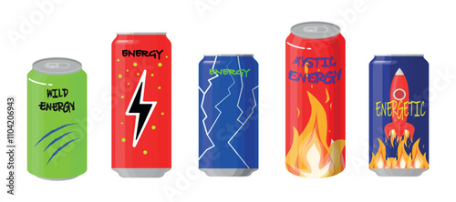 Set of colorful cans of energy drinks in cartoon style. Vector illustration of different cans of energy drinks decorated with lightning, fire, rocket, stripes, cracks isolated on white background.