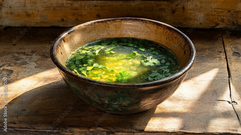 Fresh Green Herb Soup in Rustic Bowl with Sunlight Casting Shadows on Wooden Surface, Emphasizing Natural Ingredients and Homemade Appeal Fresh Green Herb Soup in Rustic Bowl with Sunlight Casting Shadows on Wooden Surface, Emphasizing Natural Ingredients and Homemade Appeal