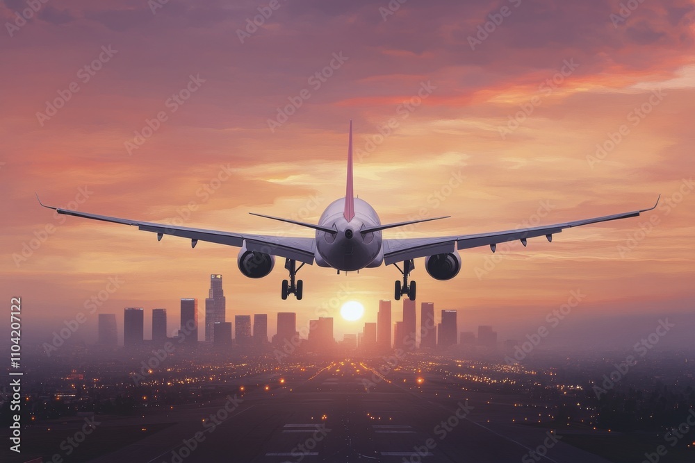 Airplane approaching city skyline at sunset with vibrant colors in the sky Airplane approaching city skyline at sunset with vibrant colors in the sky