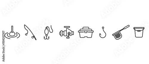 Set of Simple Fishing Related Vector Line Icons. Contains Icons such as Fisherman's equipment, fish hook, storage box, net, buoy. Fishing icon in transparent background. Editable stroke. Eps10