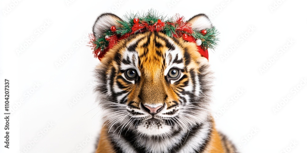 Obraz premium Festive Tiger Cub Portrait Against White Background