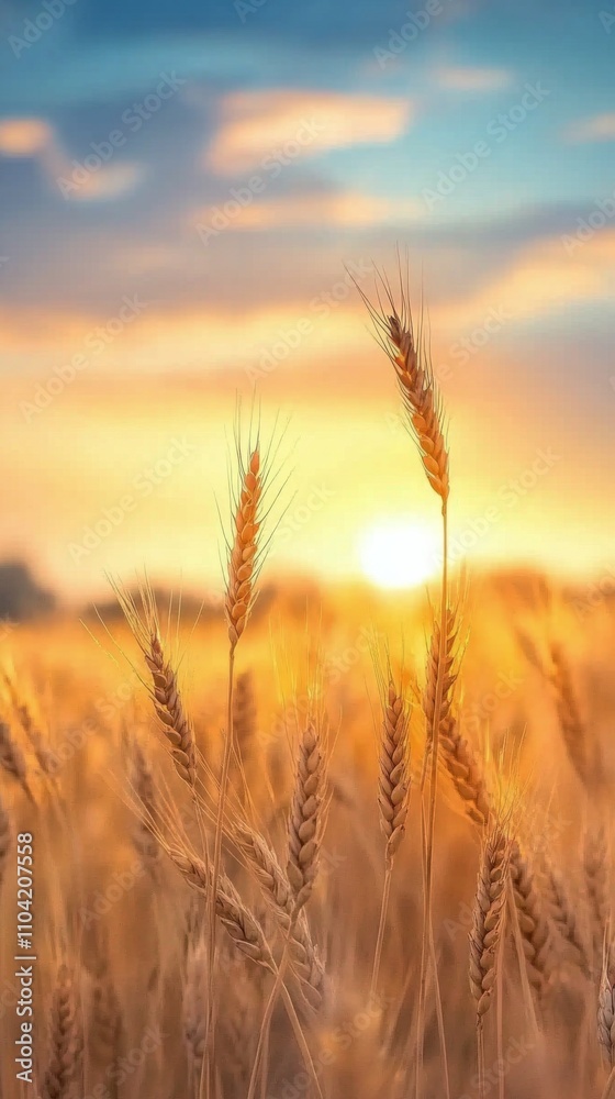 Fototapeta premium Golden wheat fields sway gently in the warm sunlight during early evening hours