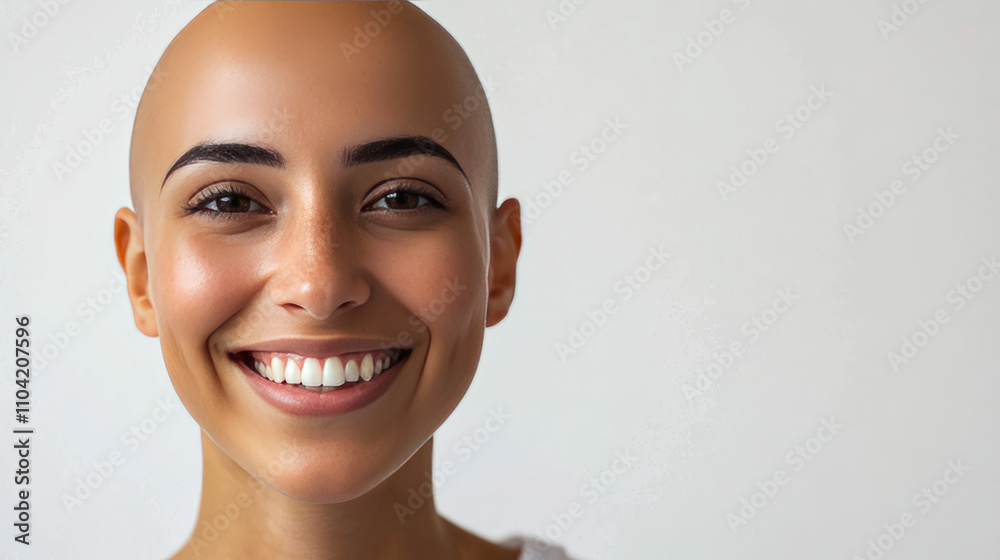 Smiling bald young caucasian female with bright smile Smiling bald young caucasian female with bright smile