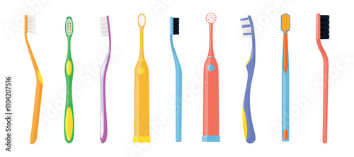 Set of toothbrushes and electric toothbrushes in cartoon style. Vector illustration of different toothbrushes with bristles, timer buttons isolated on white background. Oral care. Side and front view.
