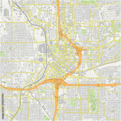 Map of Atlanta center in Georgia in a normal road map style. Contains layered vector with roads water, parks, etc.