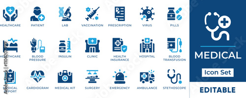 Medical Icon Set. Features editable icons for doctor, nurse, hospital, clinic, healthcare, medicine, and more. Perfect for medical, healthcare, and pharmaceutical designs.