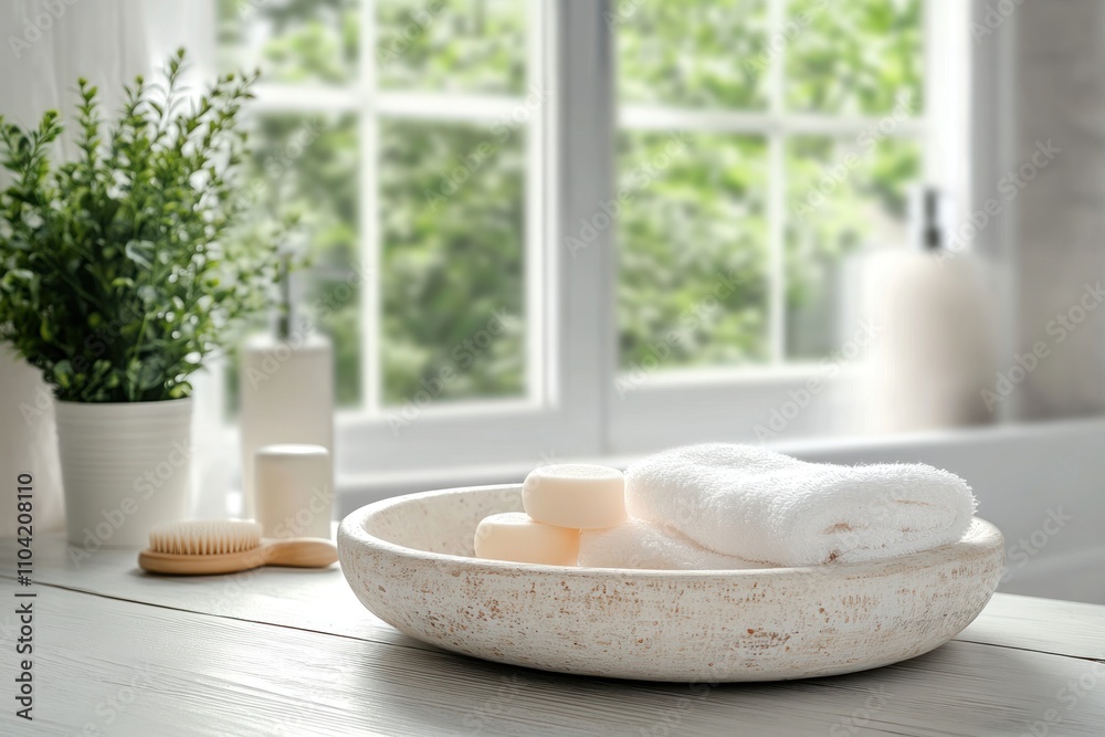 White towels, soap bars, and a wooden brush on a white countertop in a bathroom. White towels, soap bars, and a wooden brush on a white countertop in a bathroom.