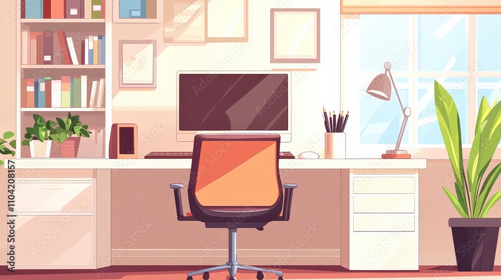 Modern Workspace with Bright Sunlight and Stylish Decor Featuring an Ergonomic Chair, Computer, Desk Accessories, and Indoor Plants for Productivity and Comfort Modern Workspace with Bright Sunlight and Stylish Decor Featuring an Ergonomic Chair, Computer, Desk Accessories, and Indoor Plants for Productivity and Comfort