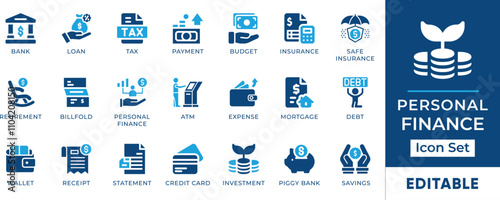 Personal Finance Icon Set. Features editable icons for money symbols, finance, banking, investment, savings, and more. Perfect for financial, business, and accounting designs.