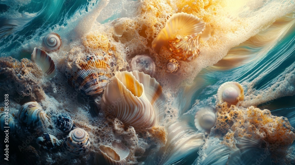 A vibrant underwater scene with colorful shells and swirling waters creates a calming oceanic atmosphere. A vibrant underwater scene with colorful shells and swirling waters creates a calming oceanic atmosphere.