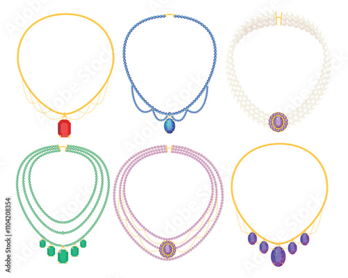 Set of beautiful jewelry necklaces in cartoon style. Vector illustration of precious necklaces and pendants, triple with different stones, pearls, clasps isolated on white background. Luxury jewelry.
