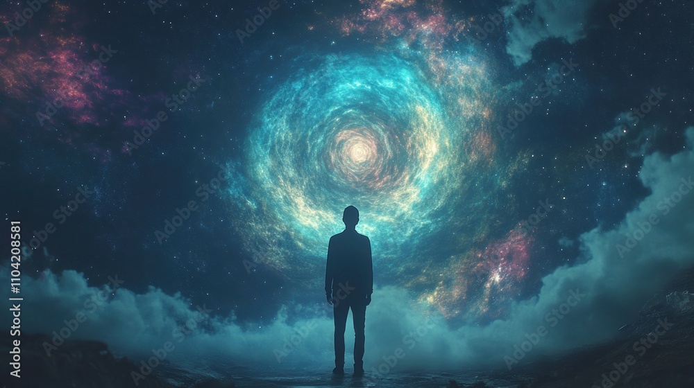 A silhouetted figure gazes into a swirling cosmic vortex, evoking wonder and introspection. A silhouetted figure gazes into a swirling cosmic vortex, evoking wonder and introspection.