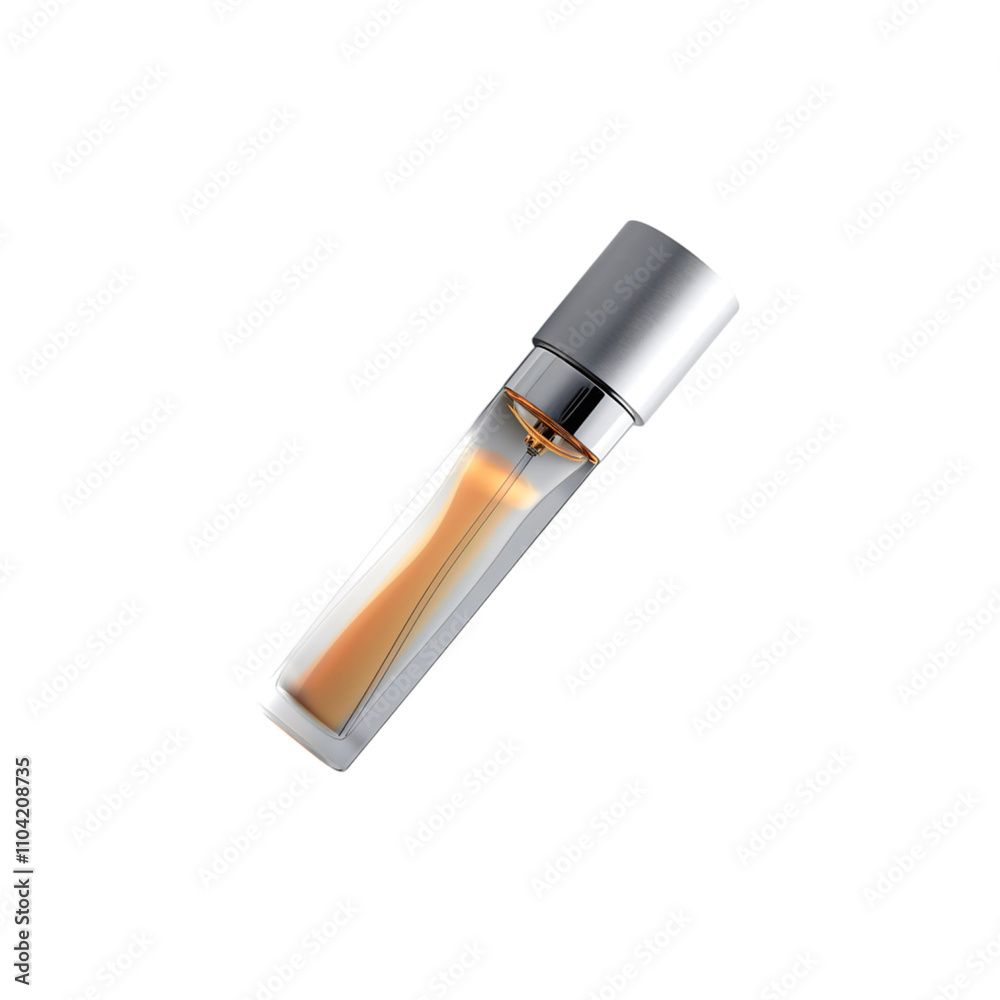 Sleek aluminum perfume spray bottle featuring a minimalistic design and clear liquid inside, elegantly positioned on a simple white background for high contrast and visual appeal Sleek aluminum perfume spray bottle featuring a minimalistic design and clear liquid inside, elegantly positioned on a simple white background for high contrast and visual appeal