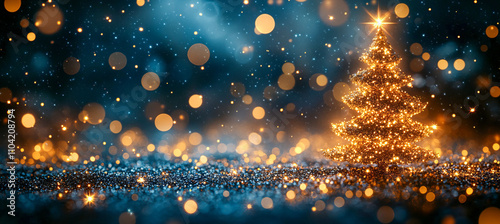 Sparkling christmas tree with golden lights in festive night scene