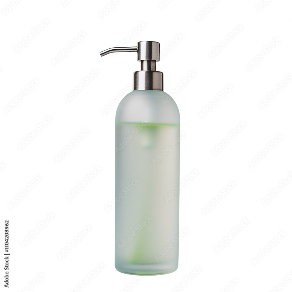 A tall and thin frosted glass dish soap bottle features a sleek stainless steel pump. The subtle green liquid inside adds a touch of color against a soft, neutral backdrop A tall and thin frosted glass dish soap bottle features a sleek stainless steel pump. The subtle green liquid inside adds a touch of color against a soft, neutral backdrop