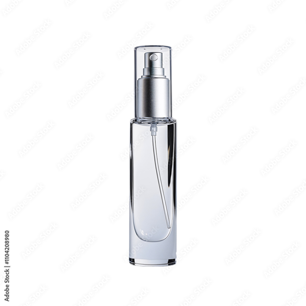 A slender travel perfume spray bottle features a clear glass design with a soft silver nozzle, showcasing subtle reflections on a plain white background, perfect for on-the-go elegance A slender travel perfume spray bottle features a clear glass design with a soft silver nozzle, showcasing subtle reflections on a plain white background, perfect for on-the-go elegance
