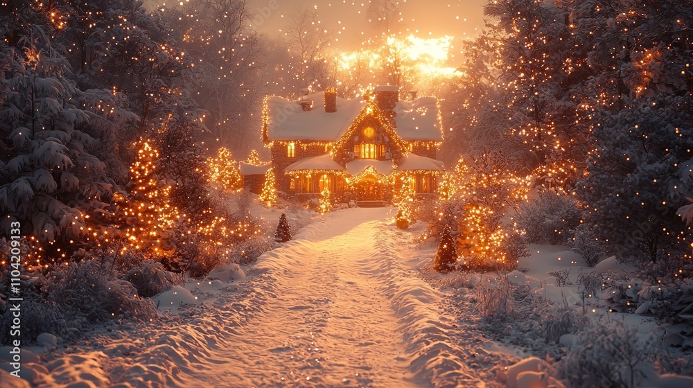 A cute house in the country winter landscape lit up for Christmas. A cute house in the country winter landscape lit up for Christmas.