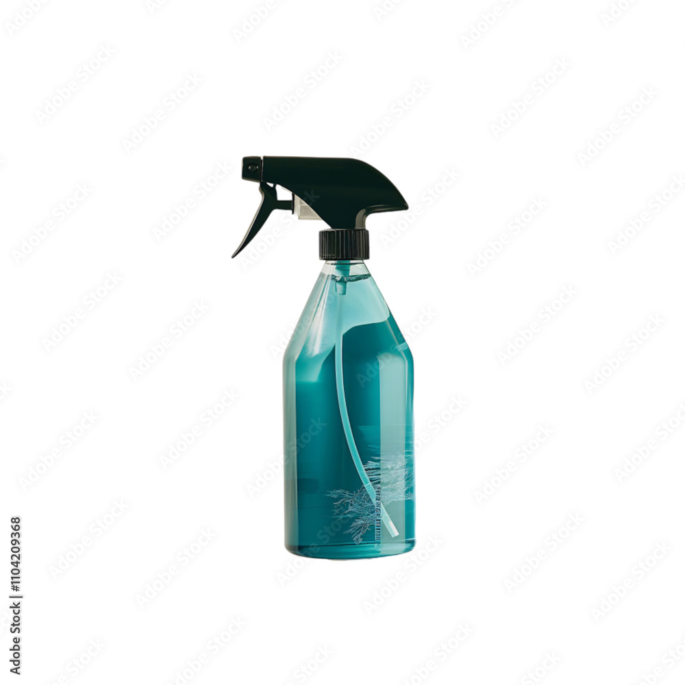 Ergonomically designed spray bottle features a sleek shape, adorned with a soft blue cleaning solution, casting gentle shadows against a soft white background in diffused lighting Ergonomically designed spray bottle features a sleek shape, adorned with a soft blue cleaning solution, casting gentle shadows against a soft white background in diffused lighting