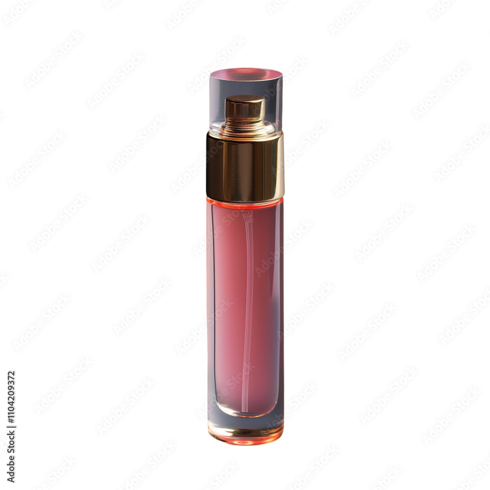 This sophisticated roll-on perfume bottle features a sleek cylindrical design with transparent glass and a gold cap, showcasing its delicate light pink liquid against a dark background This sophisticated roll-on perfume bottle features a sleek cylindrical design with transparent glass and a gold cap, showcasing its delicate light pink liquid against a dark background