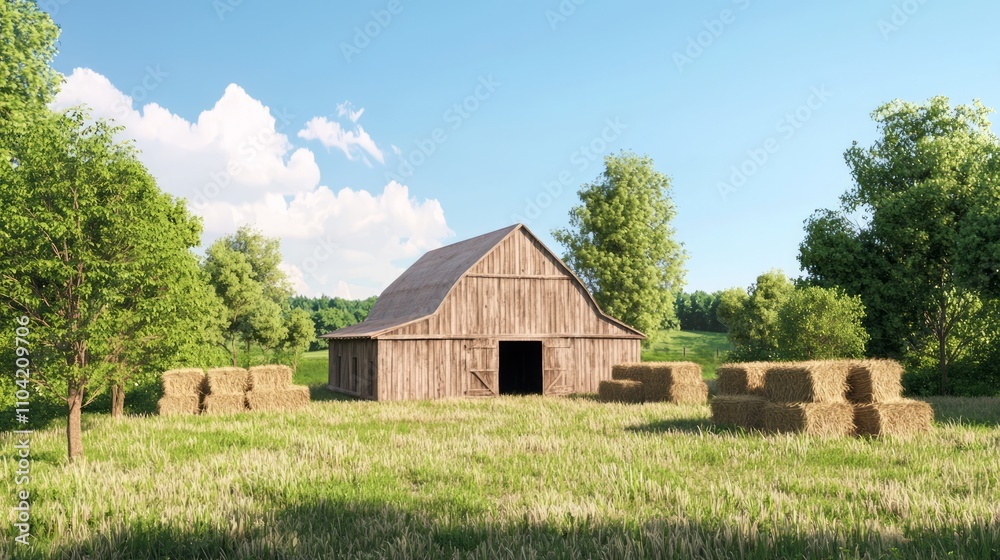 Rustic Wooden Barn with Hay Bales and Firewood in Sunlight - Ultra-Detailed Countryside Scene Rustic Wooden Barn with Hay Bales and Firewood in Sunlight - Ultra-Detailed Countryside Scene