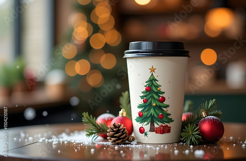 Christmas tree drawn on a coffee cup made of white paper in Christmas decor