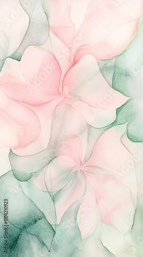 Abstract background featuring soft pastel pink and green fluid shapes flowing elegantly together creating a harmonious and calming atmosphere