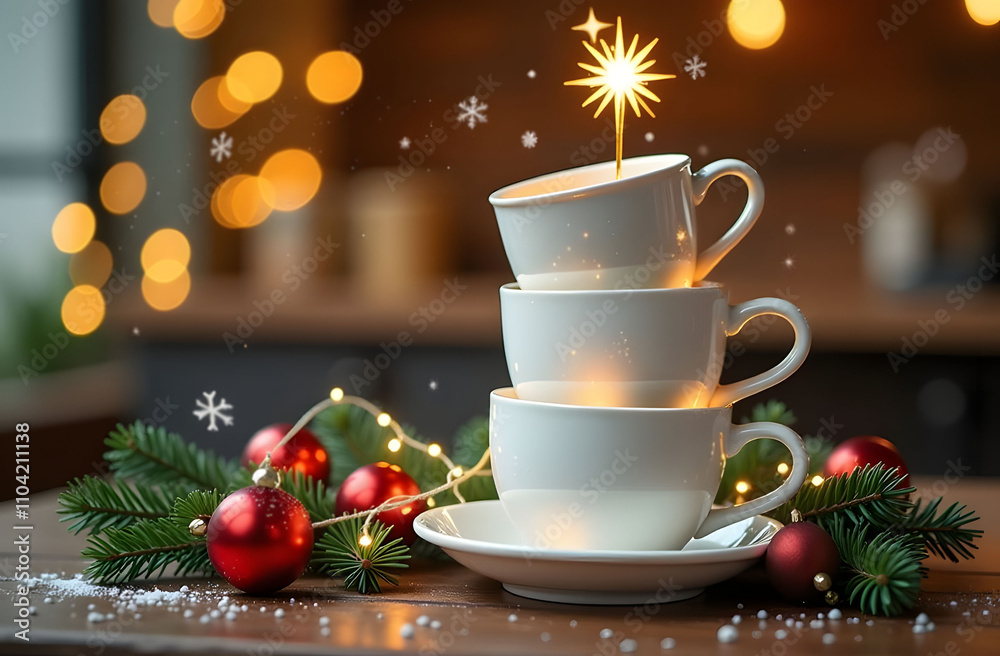 Fototapeta premium White coffee cups stand on top of each other forming the shape of a Christmas tree in Christmas decor
