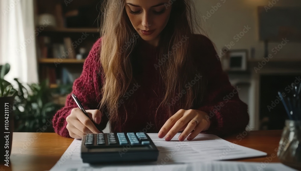 A woman working on her finances, using a calculator and pen to add numbers on a document. A woman working on her finances, using a calculator and pen to add numbers on a document.