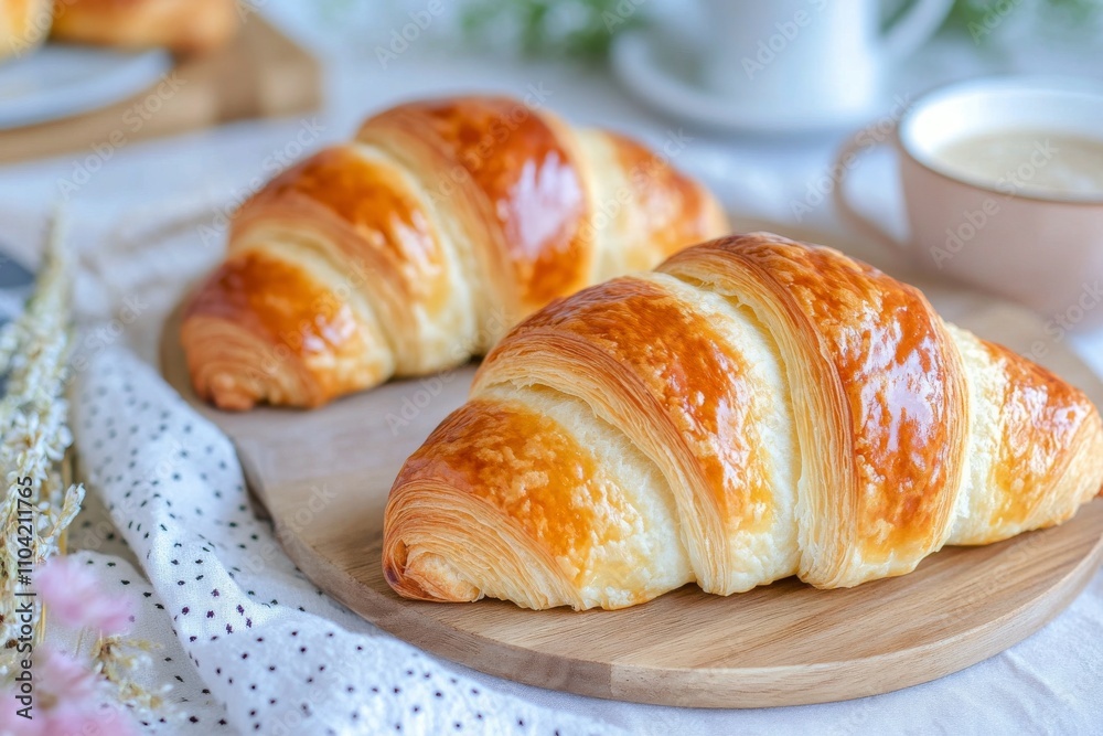 Freshly baked croissants sitting on a wooden board alongside a cup of coffee at a cozy cafe Freshly baked croissants sitting on a wooden board alongside a cup of coffee at a cozy cafe