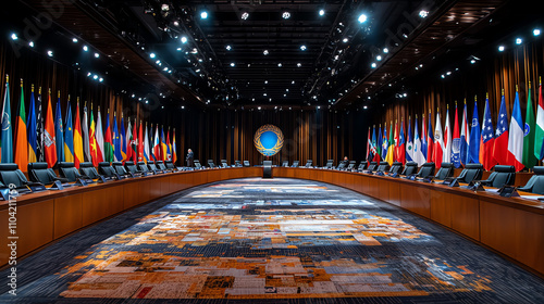 Global leaders convene for climate change summit with prepared seating and national flags