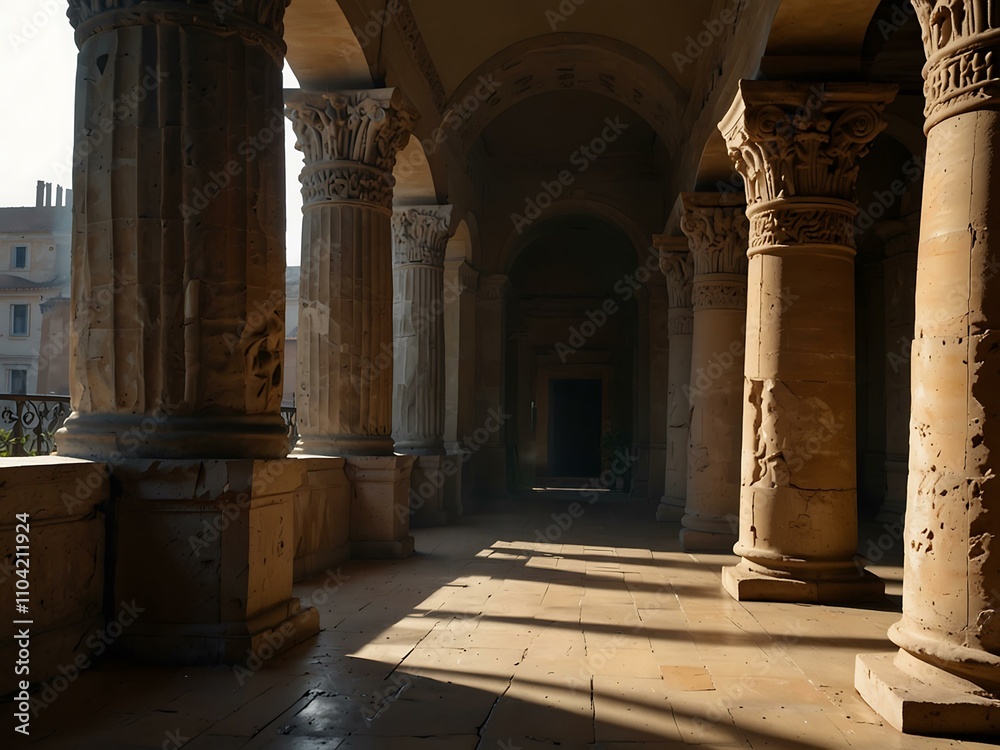 Fototapeta premium Ancient Roman columns in a sunlit hallway.