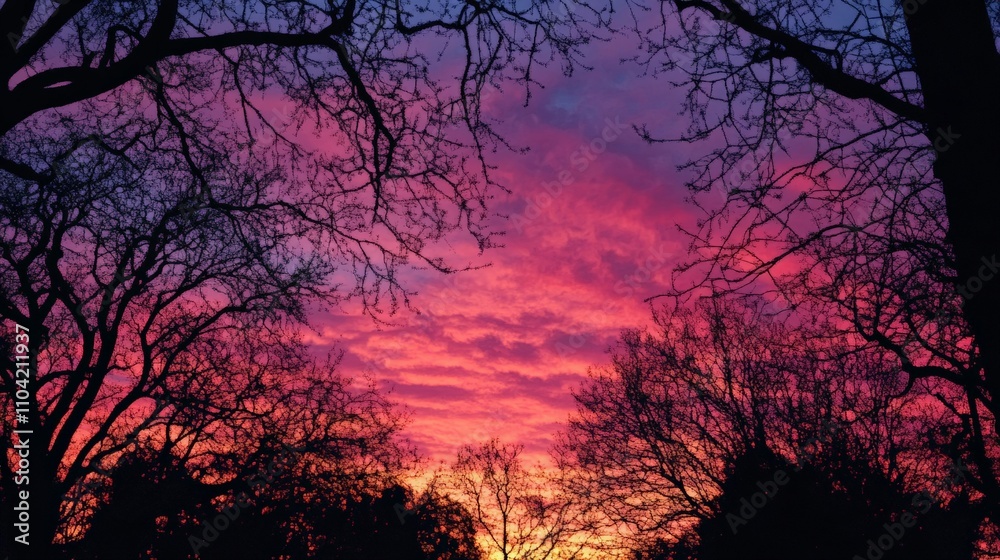Stunning sunset view with colorful skies and silhouetted trees, creating a peaceful atmosphere at dusk.
